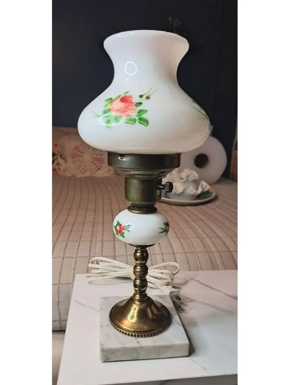 Vintage Hand-Painted Rose Milk Glass Brass & Marble Hurricane Table Lamp 13.5